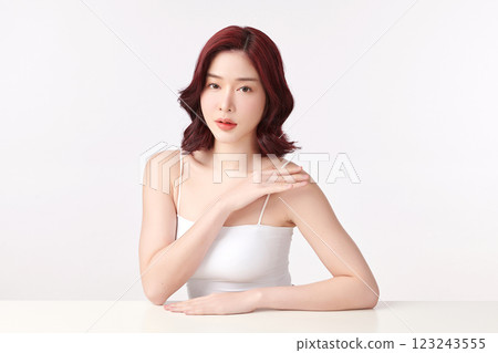 Beautiful young asian woman with clean fresh skin on white background, Face care, Facial treatment, Cosmetology, beauty and spa, Asian women portrait. 123243555