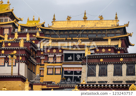 Beautiful architecture of Songzanlin Monastery the largest Tibetan Buddhist monastery in Shangri-La town in Yunnan province of China. Beautiful architecture of Songzanlin Monastery the largest Tibetan Buddhist monastery in Shangri-La town in Yunnan province of China. 123243757