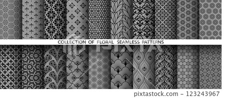 Geometric floral set of seamless patterns. Gray and black vector backgrounds. Damask graphic ornaments 123243967
