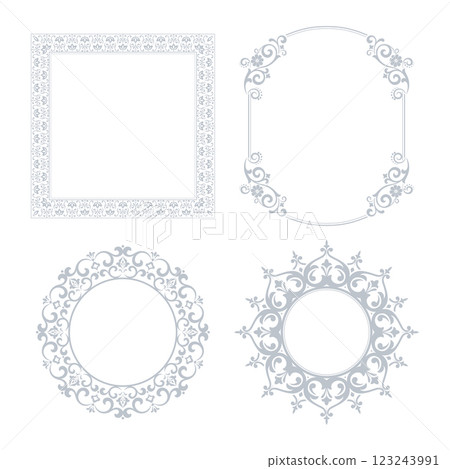 Set of decorative frames Elegant vector element for design in Eastern style, place for text. Floral gray and white borders. Lace illustration for invitations and greeting cards Set of decorative frames Elegant vector element for design in Eastern style, place for text. Floral gray and white borders. Lace illustration for invitations and greeting cards 123243991