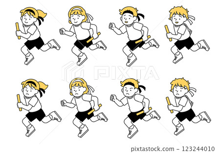 Relay, foot race, running vector illustration set Simple cute elementary school boys girls 123244010
