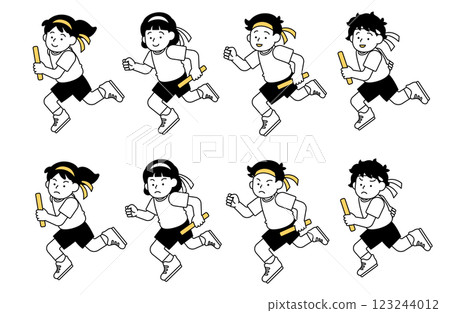 接力賽、競走、跑步向量插圖集簡單可愛的小學生男孩女孩 123244012