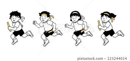 有趣的接力賽、競走賽、跑步比賽向量插畫素材簡單可愛小學生男孩女孩 123244014