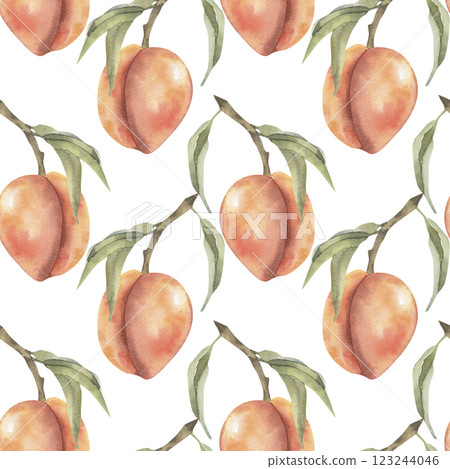 Fresh peach ripe watercolor seamless pattern. Hand drawn exotic juicy apricot background, healthy fruits for textile, fabric, stationery design 123244046