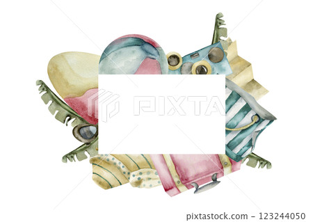 Summer beach vacation banner with copy space. Watercolor sea and ocean trip frame with retro luggage,surf,beach bag ,map and sunhat illustration for poster, web design. Hawaii tour logo Summer beach vacation banner with copy space. Watercolor sea and ocean trip frame with retro luggage,surf,beach bag ,map and sunhat illustration for poster, web design. Hawaii tour logo 123244050