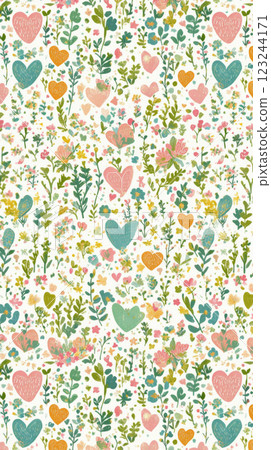 Colorful floral pattern with hearts and various plants on light background Colorful floral pattern with hearts and various plants on light background 123244171