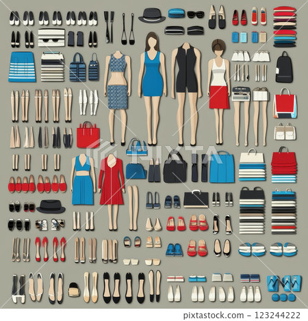 Stylish flat illustration of various clothing and accessories for women Stylish flat illustration of various clothing and accessories for women 123244222