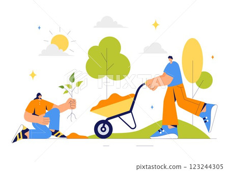 Restoration Vector Illustration featuring Tree Planting in a Forest with Green Plant Care, Watering, and Environmental Protection to Save Nature Restoration Vector Illustration featuring Tree Planting in a Forest with Green Plant Care, Watering, and Environmental Protection to Save Nature 123244305
