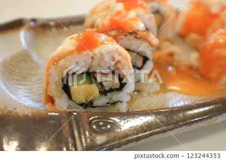 salmon rolls or maki or rice topped with fish or Japanese rolls salmon rolls or maki or rice topped with fish or Japanese rolls 123244353