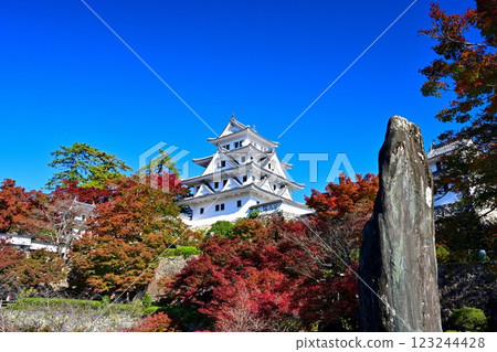 Mino Province, Gujo Hachiman Castle, "The castle tower is on fire", blue sky and autumn leaves 123244428