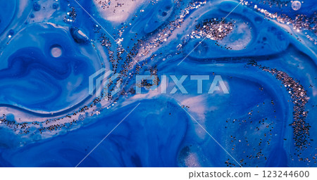 Oil drop paint. Sparkling fluid. Blue violet enamel moisture acryl blob mix glitter particles. Transparent gel layer water abstract background. Oil drop paint. Sparkling fluid. Blue violet enamel moisture acryl blob mix glitter particles. Transparent gel layer water abstract background. 123244600