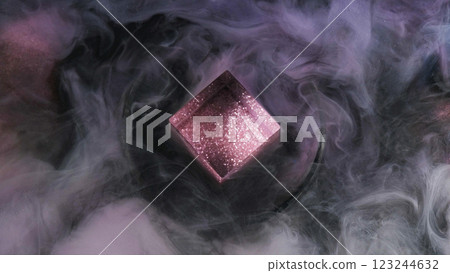 Glittering smoke cube. Paint vapor fume. Purple black purple color flow cloud glowing fluid ink texture fog on dark abstract art background. 123244632