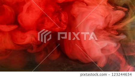 Explosion cloud. Hot smoke. Defocused red green color fume texture ink water drop splash blend on dark abstract art background. 123244634