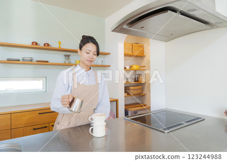 A woman who is making coffee A woman who is making coffee 123244988