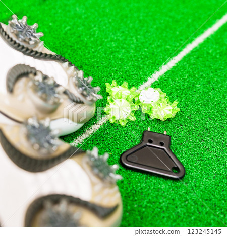 Golf shoes, spikes and a spike wrench [Golf equipment image] 123245145