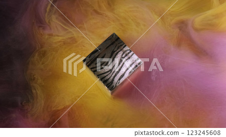 Paint drop. Color smoke cloud. Defocused yellow pink haze fume cube mist fog splash ink texture water fluid on abstract art background. 123245608