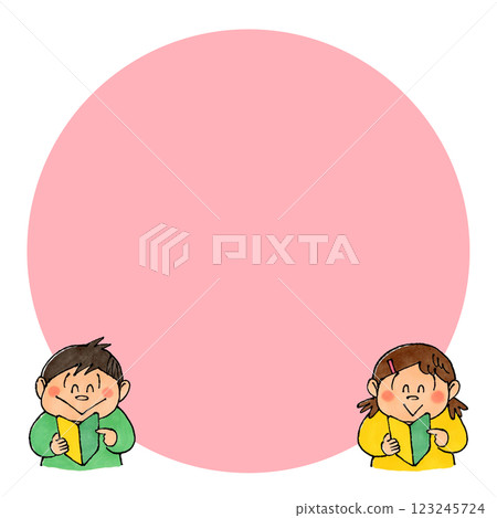 Boy and girl holding beginner's marks, copy space (pink) 123245724