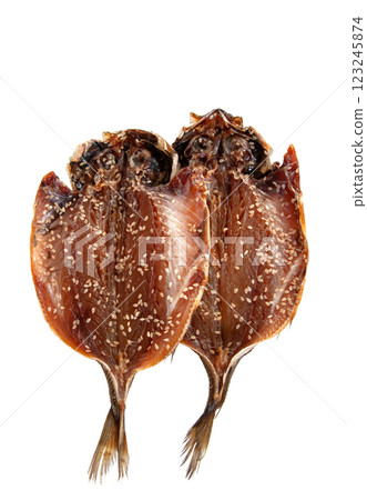 Horse mackerel filleted and dried in soy sauce [white background, cutout] 123245874