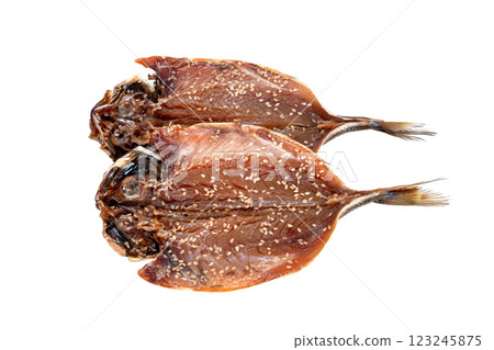Horse mackerel filleted and dried in soy sauce [white background, cutout] 123245875