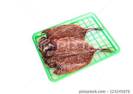 Horse mackerel filleted and dried in soy sauce [white background, cutout] 123245878