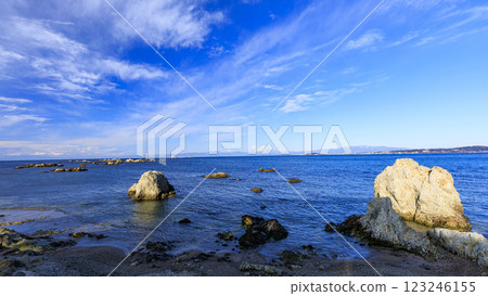 Blue sky and sea at Morito Beach in Hayama, Miura County, Kanagawa Prefecture Blue sky and sea at Morito Beach in Hayama, Miura County, Kanagawa Prefecture 123246155