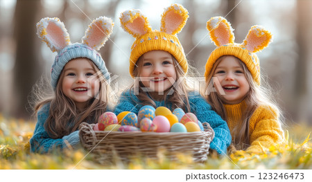 Three little girls wear bunny ears and hold a basket filled with colorful painted Easter eggs. The concept of Easter celebration, childhood joy, and festive traditions. Generative AI. 123246473