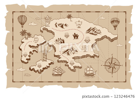Old pirate treasure map on white. Hand-drawn illustrations. 123246476