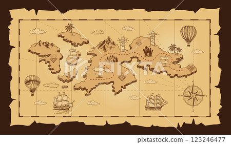 Old pirate treasure map on white. Hand-drawn illustrations. Old pirate treasure map on white. Hand-drawn illustrations. 123246477