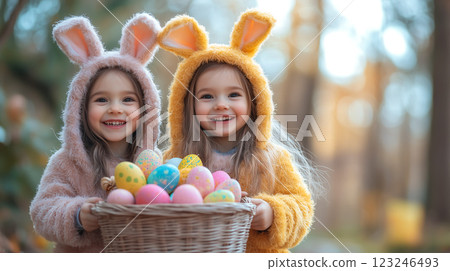 Three little girls wear bunny ears and hold a basket filled with colorful painted Easter eggs. The concept of Easter celebration, childhood joy, and festive traditions. Generative AI. 123246493