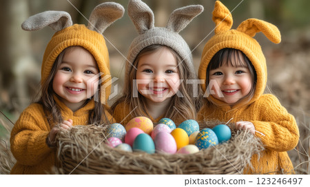 Three little girls wear bunny ears and hold a basket filled with colorful painted Easter eggs. The concept of Easter celebration, childhood joy, and festive traditions. Generative AI. 123246497