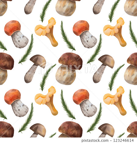 Seamless pattern with porcini mushroom chanterelle, birch bolete, aspen mushroom and spruce branch. The illustration is made in watercolor technique on an isolated background for your design 123246614