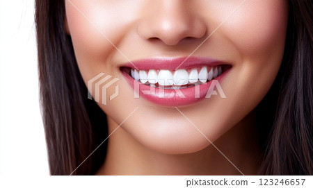 Radiant smile showcasing healthy teeth and pink lipstick, embodying beauty and confidence with dark hair on a bright, white background. Radiant smile showcasing healthy teeth and pink lipstick, embodying beauty and confidence with dark hair on a bright, white background. 123246657
