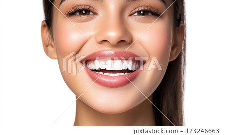 Radiant Smile: Confident woman showcasing her dental health with a bright, healthy smile. Her skin glows, complementing her perfect teeth. Radiant Smile: Confident woman showcasing her dental health with a bright, healthy smile. Her skin glows, complementing her perfect teeth. 123246663
