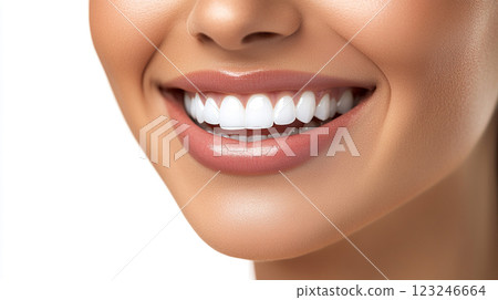 Close-up of a smiling woman with perfect, white teeth. She's showing off her pearly whites in this beautiful closeup shot. Healthy looking. Close-up of a smiling woman with perfect, white teeth. She's showing off her pearly whites in this beautiful closeup shot. Healthy looking. 123246664