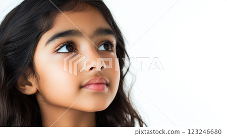 A young girl with dark wavy hair and a thoughtful expression gazes upward against a bright white background. She looks hopeful and pensive. A young girl with dark wavy hair and a thoughtful expression gazes upward against a bright white background. She looks hopeful and pensive. 123246680