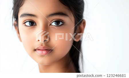 A close-up portrait reveals a girl's youthful face, her dark hair pulled back, highlighting her beautiful, unblemished complexion. A close-up portrait reveals a girl's youthful face, her dark hair pulled back, highlighting her beautiful, unblemished complexion. 123246681