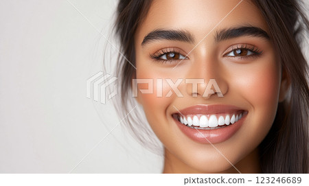 Radiant woman with a bright, beautiful smile showcasing her natural beauty against a plain background with soft, diffused lighting. 123246689