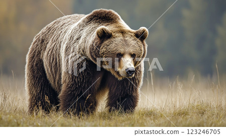 A full-bodied brown bear strides across a field of golden grass, its gaze focused, against a muted backdrop of trees and overcast sky. 123246705