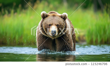 Brown bear wading in a river, showcasing its powerful physique and highlighting the natural beauty of its habitat. Focused and determined. Brown bear wading in a river, showcasing its powerful physique and highlighting the natural beauty of its habitat. Focused and determined. 123246706