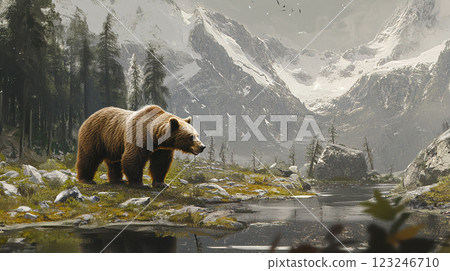A majestic bear stands on the shore of a mountain lake, framed by towering snowy peaks and lush forest. It's a breathtaking view. 123246710