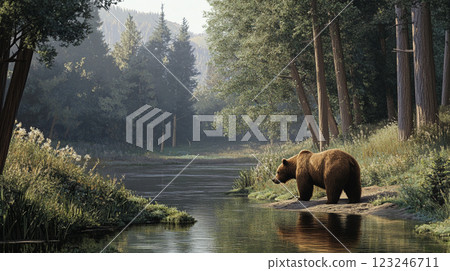 Majestic brown bear beside a serene river surrounded by lush greenery and tall trees, embodying nature's raw beauty and tranquility. 123246711
