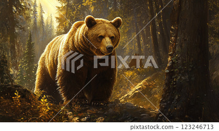 A golden-brown bear stands in the middle of the forest with sunlight filtering through the trees, creating a majestic and peaceful scene. 123246713