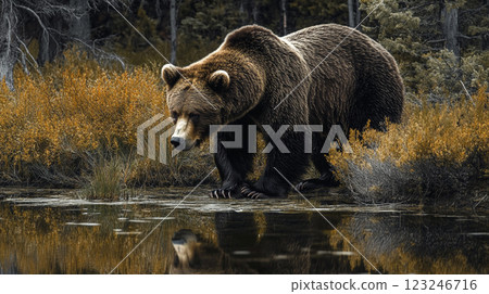 A large brown bear pauses at the edge of a woodland pond, its reflection mirrored in the calm water, evoking a sense of wilderness. A large brown bear pauses at the edge of a woodland pond, its reflection mirrored in the calm water, evoking a sense of wilderness. 123246716