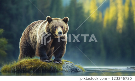 Grizzly bear stands majestically on a rocky, mossy outcropping in a serene lake, forest backdrop, exuding power and tranquil wildlife. 123246720