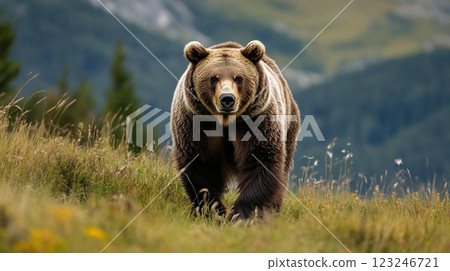 Majestic bear saunters through meadow, its gaze intense, blending power with serene nature. An encounter captured. 123246721