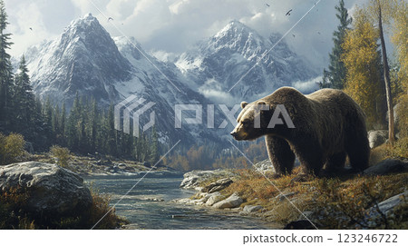 Majestic bear in a serene mountain landscape, reflecting nature's raw beauty. A scenic vista with snow-capped peaks and lush forestry. Majestic bear in a serene mountain landscape, reflecting nature's raw beauty. A scenic vista with snow-capped peaks and lush forestry. 123246722