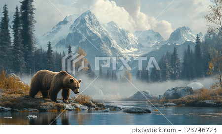 Brown bear in a misty mountain landscape, foraging for food by a serene river. Majestic peaks provide a stunning backdrop. Brown bear in a misty mountain landscape, foraging for food by a serene river. Majestic peaks provide a stunning backdrop. 123246723