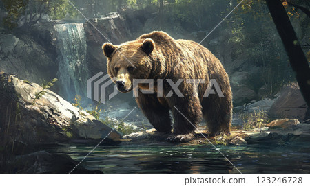 A brown bear stands beside a tranquil stream with a cascading waterfall in the background, surrounded by lush greenery and natural beauty. A brown bear stands beside a tranquil stream with a cascading waterfall in the background, surrounded by lush greenery and natural beauty. 123246728