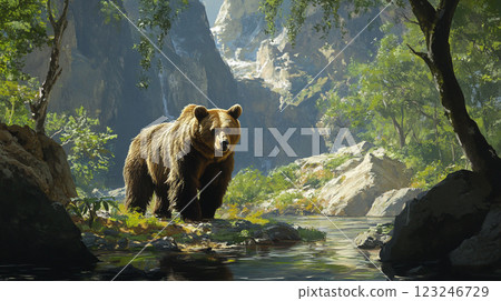 A majestic brown bear pauses by a tranquil river, framed by a backdrop of lush greenery and towering, snow-capped mountains in a serene landscape. 123246729