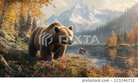 Grizzly bear in a scenic wilderness, with snow-capped mountains and a tranquil lake. A second bear bathes in the water. Grizzly bear in a scenic wilderness, with snow-capped mountains and a tranquil lake. A second bear bathes in the water. 123246732